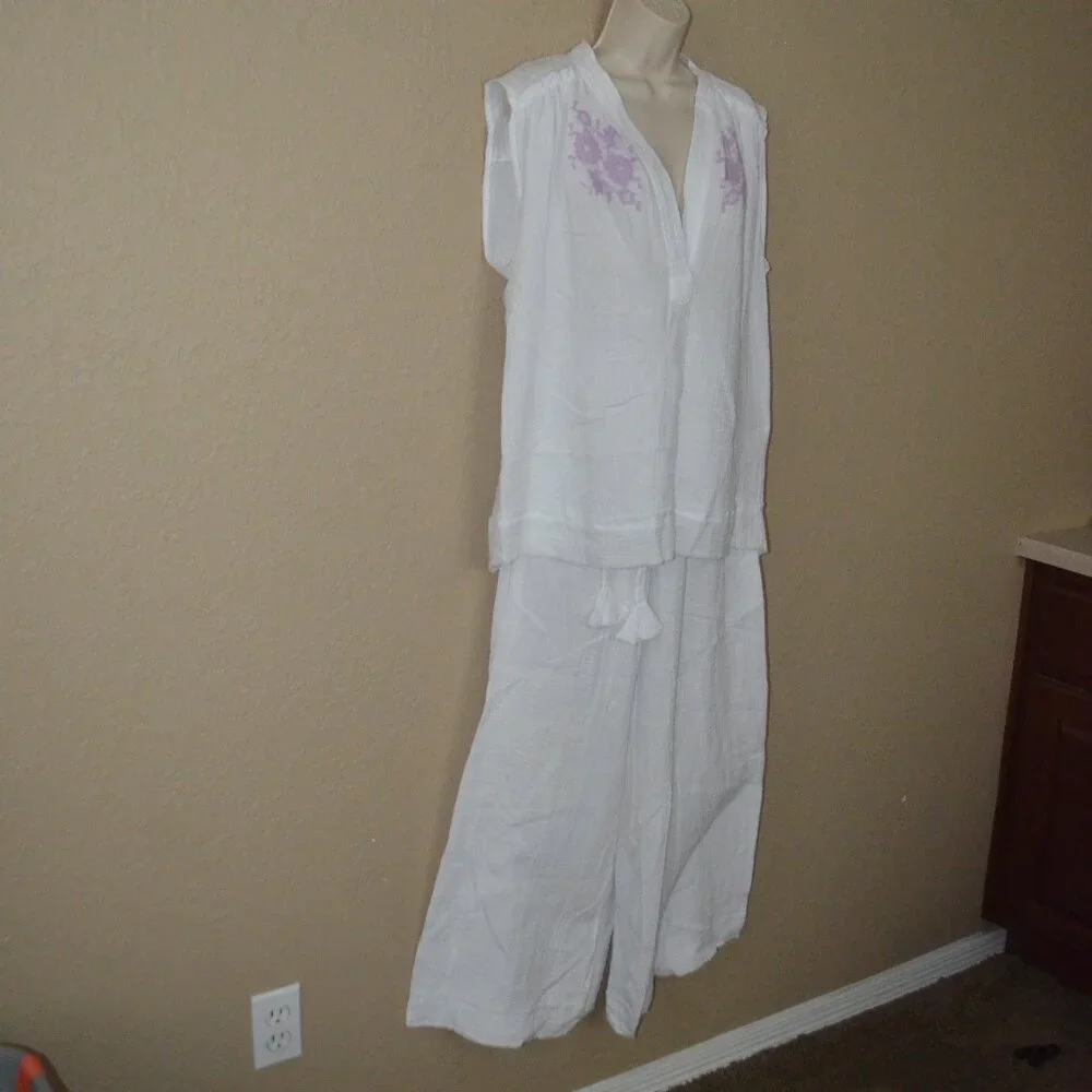 NWOT Sz S/M Vanita Rosa White Gauze Beach Wear Pants & Top Set Outfit